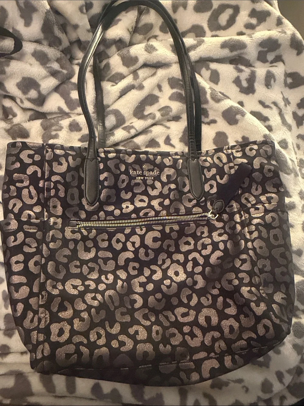 Kate Spade Chelsea Black Metallic Leopard Large Tote Shoulder Bag
